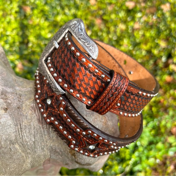 RANGER BELT COMPANY Western Style Stars and Hide Size 30” Hand Tooled  Leather - Picture 8 of 13